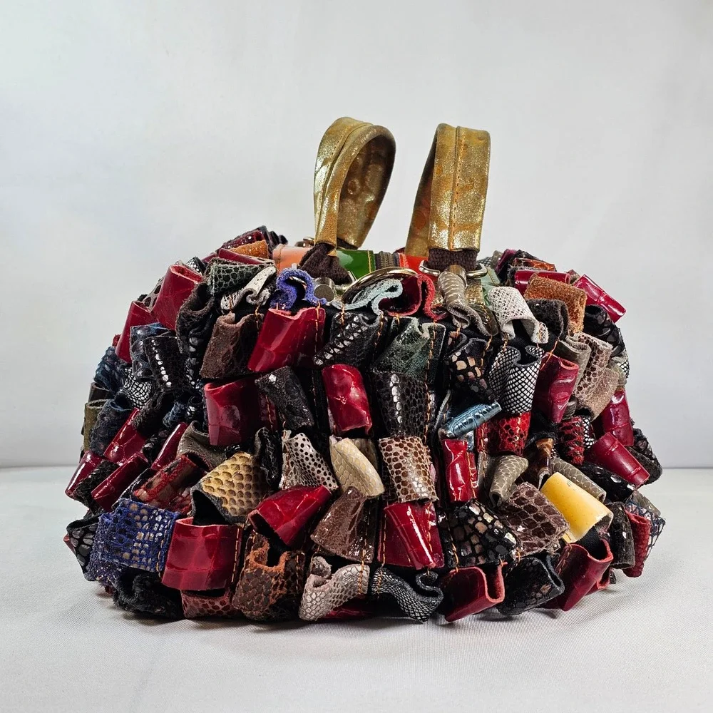 Arianna Dini Clara Handmade‎ Patchwork Leather Satchel Bag Textured Loops Boho